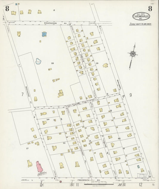 Sanborn Fire Insurance Map from Catonsville, Baltimore County, Maryland (1925), Sheet #0008 - Historic Sanborn Fire Insurance Map Print, vintage old map wall art, antique decor, genealogy gift, Maryland Maryland map