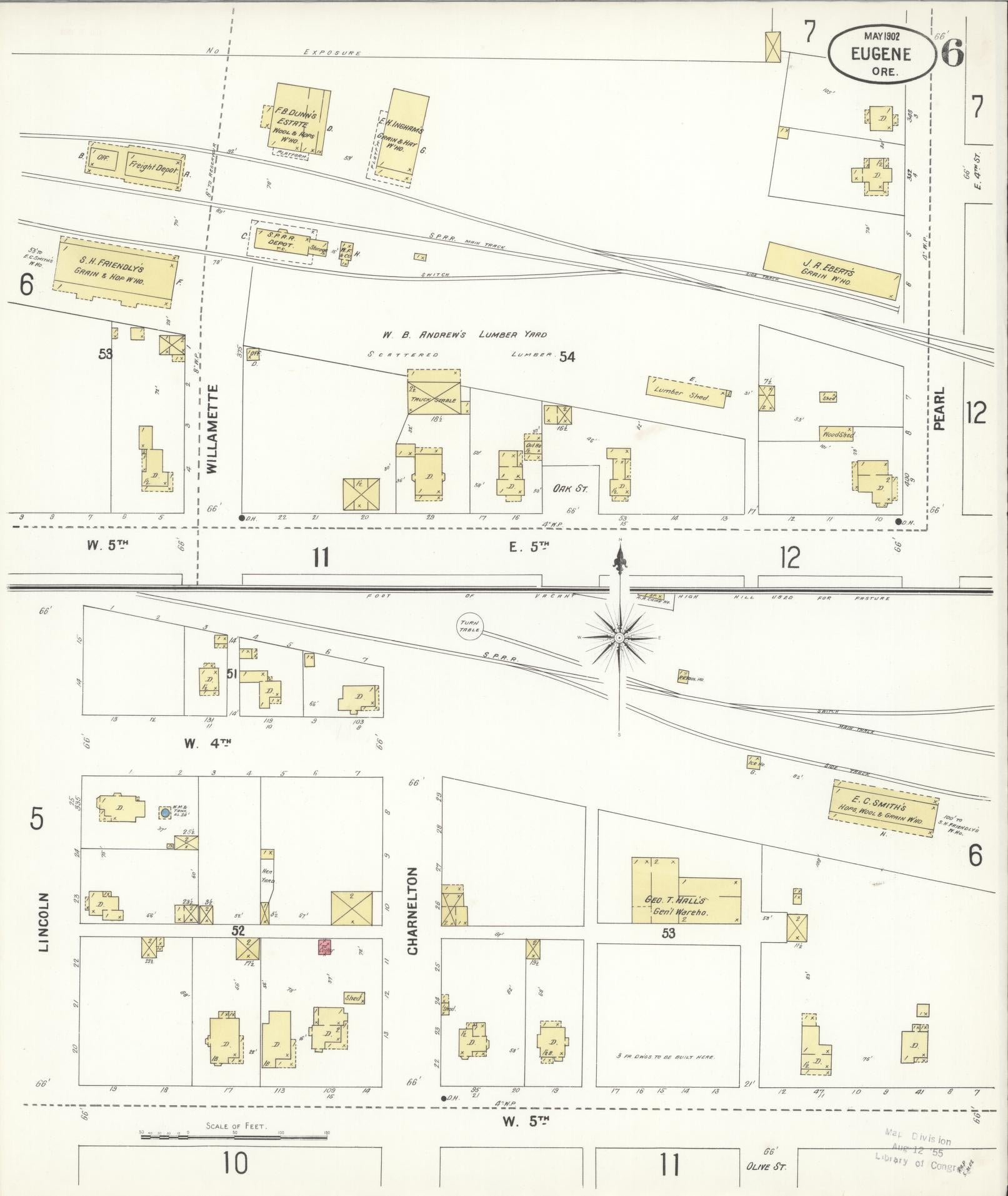 Sanborn Fire Insurance Map from Eugene, Lane County, Oregon (1902), Sheet #0006 - Historic Sanborn Fire Insurance Map Print, vintage old map wall art, antique decor, genealogy gift, Oregon Oregon map