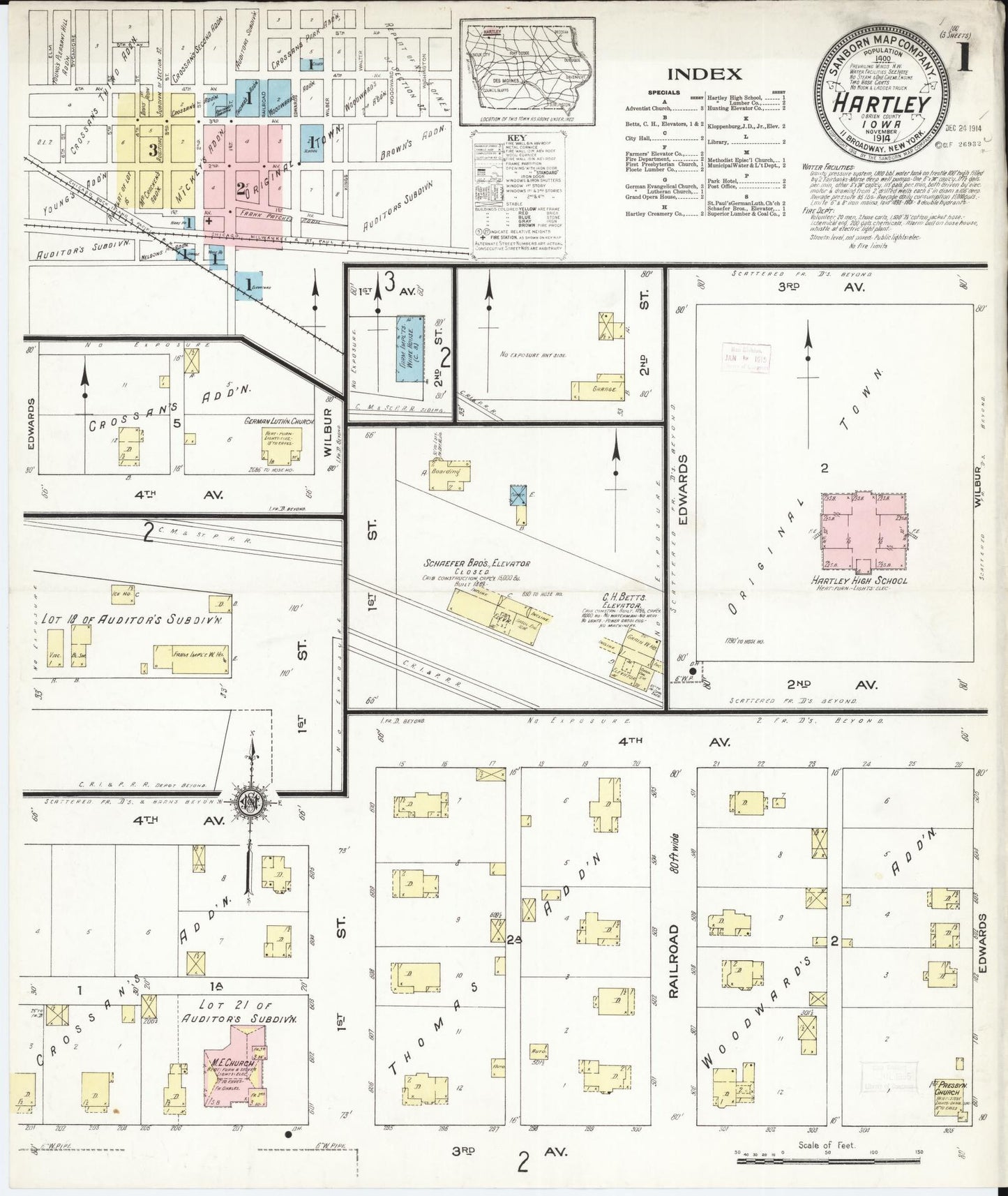 Sanborn Fire Insurance Map from Hartley, O'Brien County, Iowa (1914), Sheet #0001 - Historic Sanborn Fire Insurance Map Print, vintage old map wall art