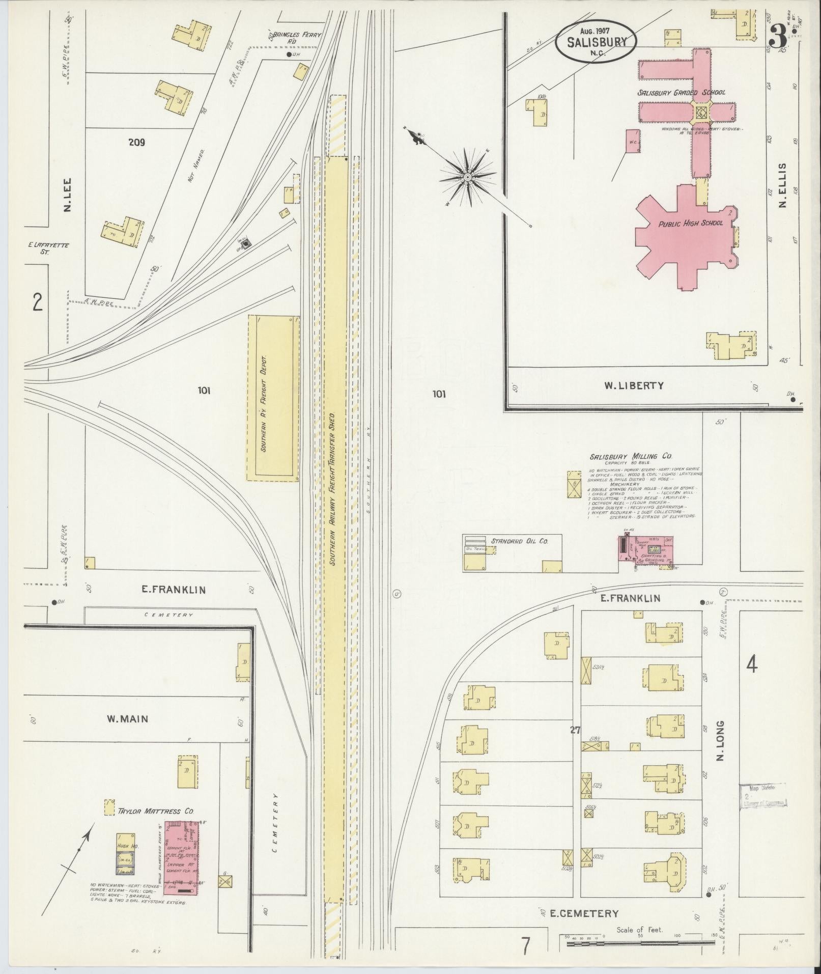 Sanborn Fire Insurance Map from Salisbury, Rowan County, North Carolina (1907), Sheet #0003 - Complete Map Set gallery image, historic Sanborn map, vintage wall art, North Carolina North Carolina