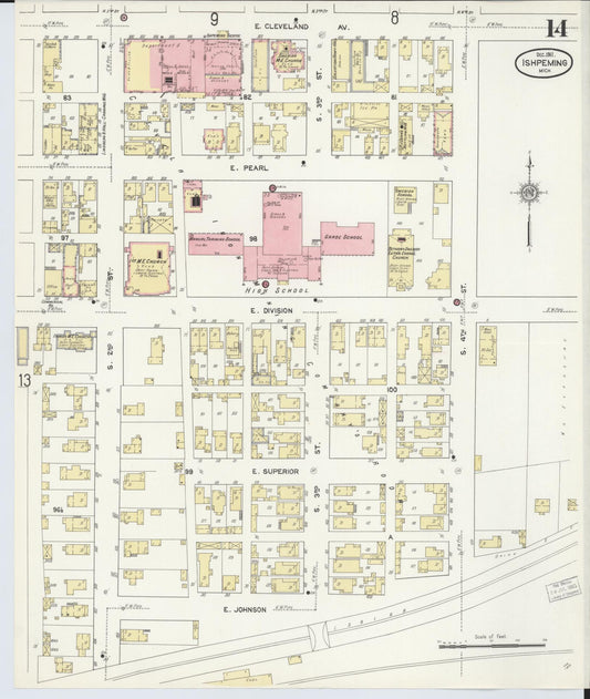 Sanborn Fire Insurance Map from Ishpeming, Marquette County, Michigan (1911), Sheet #0014 - Historic Sanborn Fire Insurance Map Print, vintage old map wall art, antique decor, genealogy gift, Michigan Michigan map