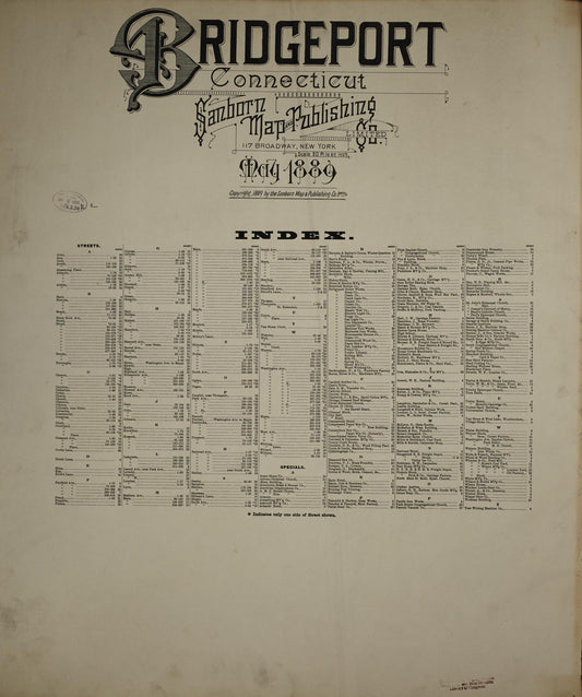 Sanborn Fire Insurance Map from Bridgeport, Fairfield County, Connecticut (1889), Sheet #0001 - Historic Sanborn Fire Insurance Map Print, vintage old map wall art, antique decor, genealogy gift, Connecticut Connecticut map