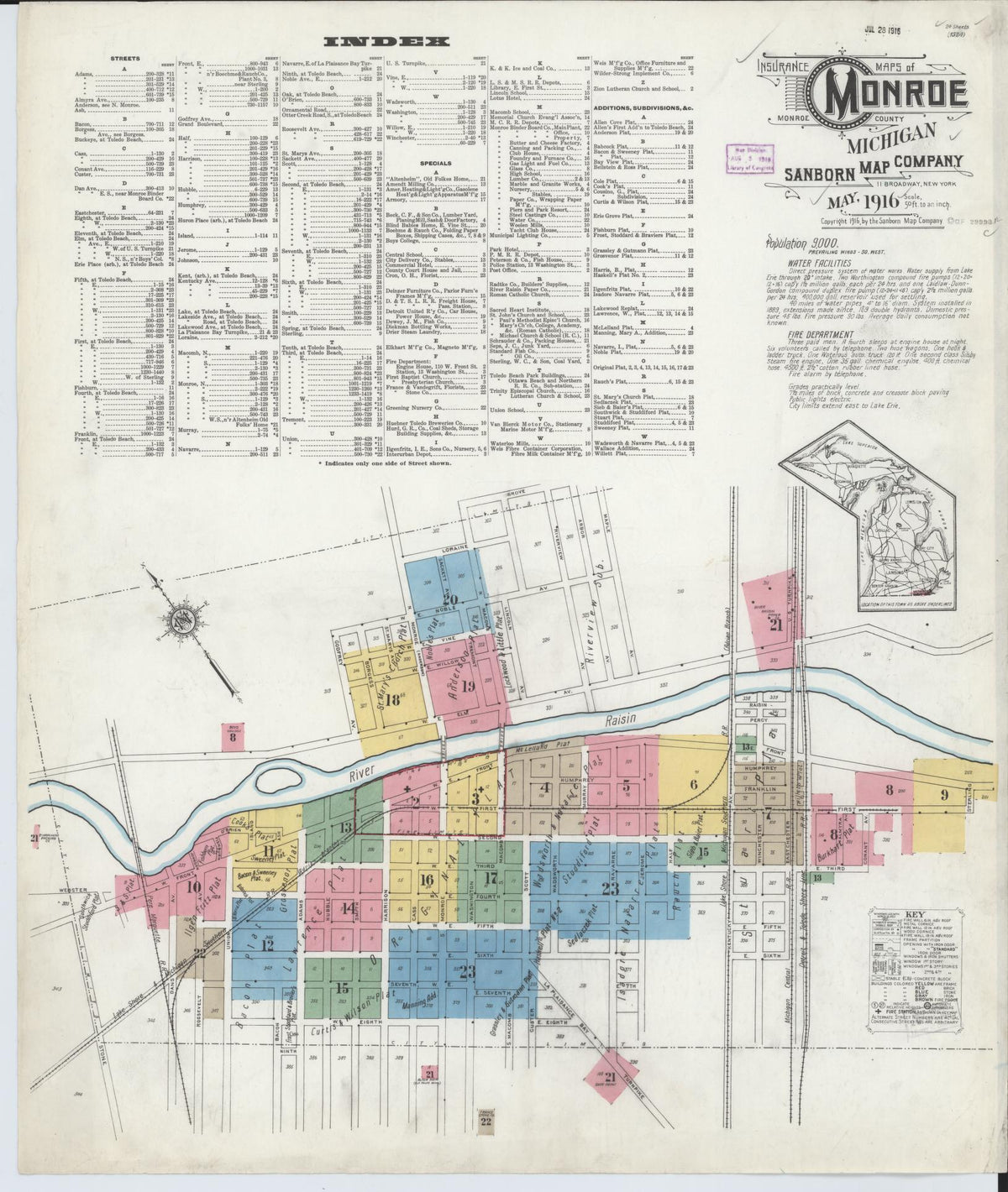Sanborn Fire Insurance Map from Monroe, Monroe County, Michigan (1916), Sheet #0001 - Historic Sanborn Fire Insurance Map Print, vintage old map wall art, antique decor, genealogy gift, Michigan Michigan map