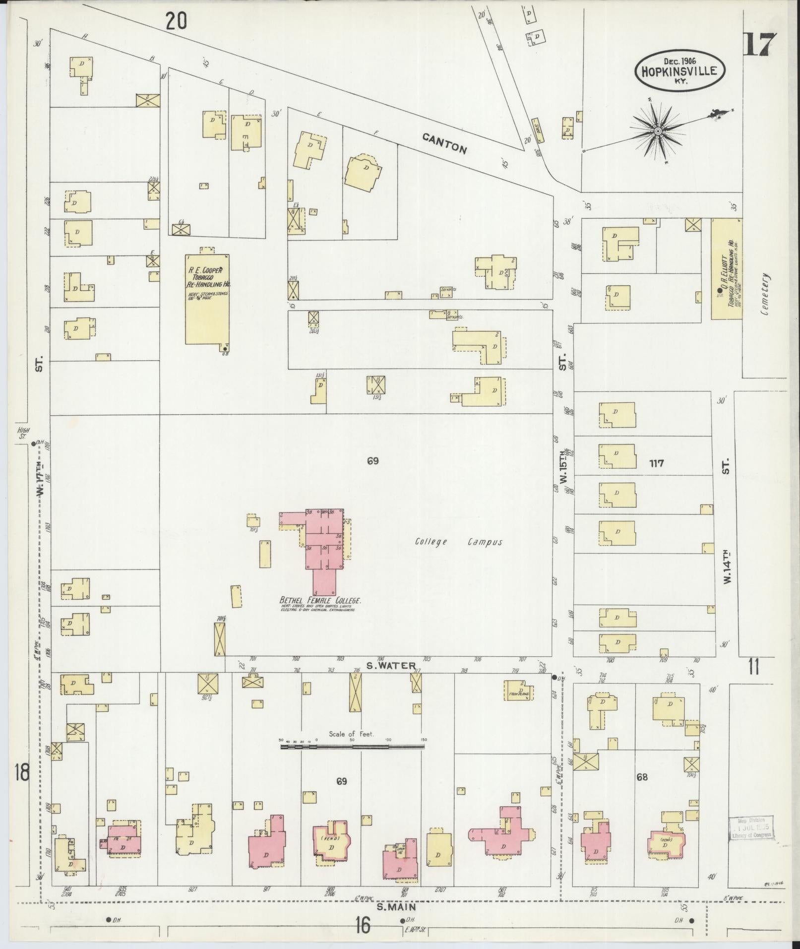 Sanborn Fire Insurance Map from Hopkinsville, Christian County, Kentucky (1906), Sheet #0017 - Historic Sanborn Fire Insurance Map Print, vintage old map wall art, antique decor, genealogy gift, Kentucky Kentucky map