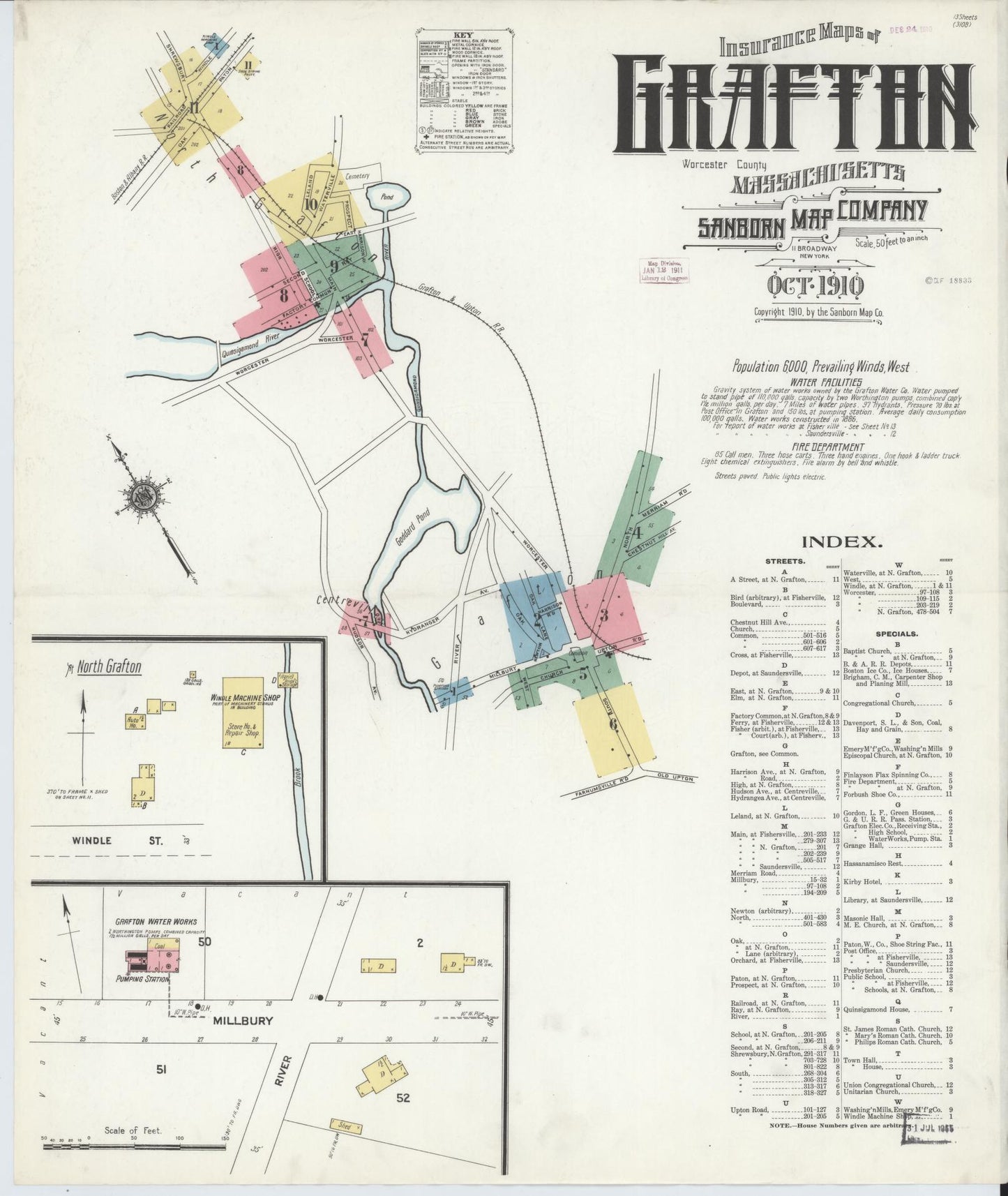 Sanborn Fire Insurance Map from Grafton, Worcester County, Massachusetts (1910), Sheet #0001 - Historic Sanborn Fire Insurance Map Print, vintage old map wall art, antique decor, genealogy gift, Massachusetts Massachusetts map