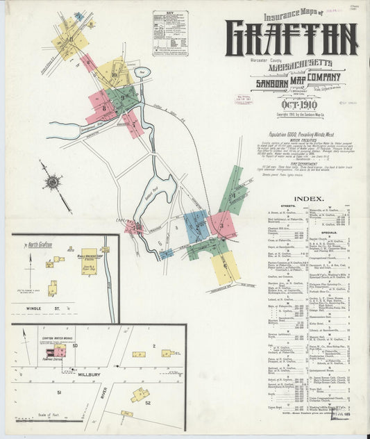 Sanborn Fire Insurance Map from Grafton, Worcester County, Massachusetts (1910), Sheet #0001 - Historic Sanborn Fire Insurance Map Print, vintage old map wall art, antique decor, genealogy gift, Massachusetts Massachusetts map