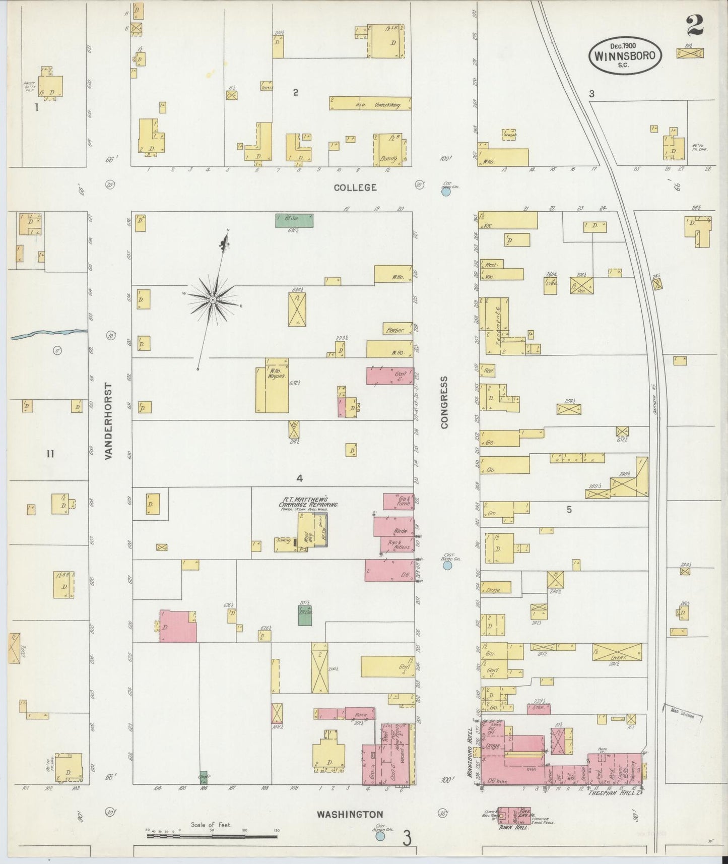 Sanborn Fire Insurance Map from Winnsboro, Fairfield County, South Carolina (1900), Sheet #0002 - Complete Map Set gallery image, historic Sanborn map, vintage wall art, South Carolina South Carolina