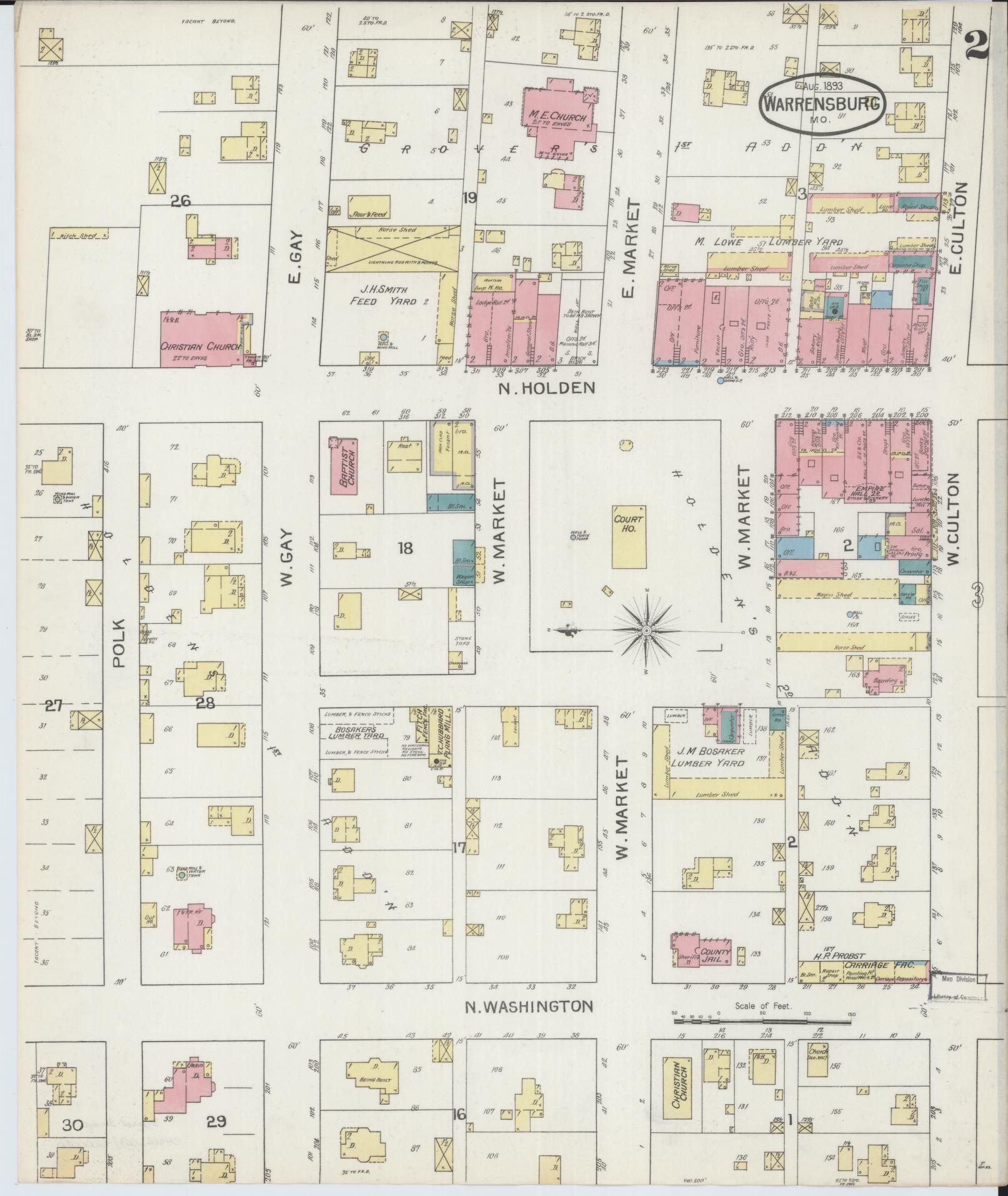 Sanborn Fire Insurance Map from Warrensburg, Johnson County, Missouri (1893), Sheet #0002 - Complete Map Set gallery image, historic Sanborn map, vintage wall art, Missouri Missouri