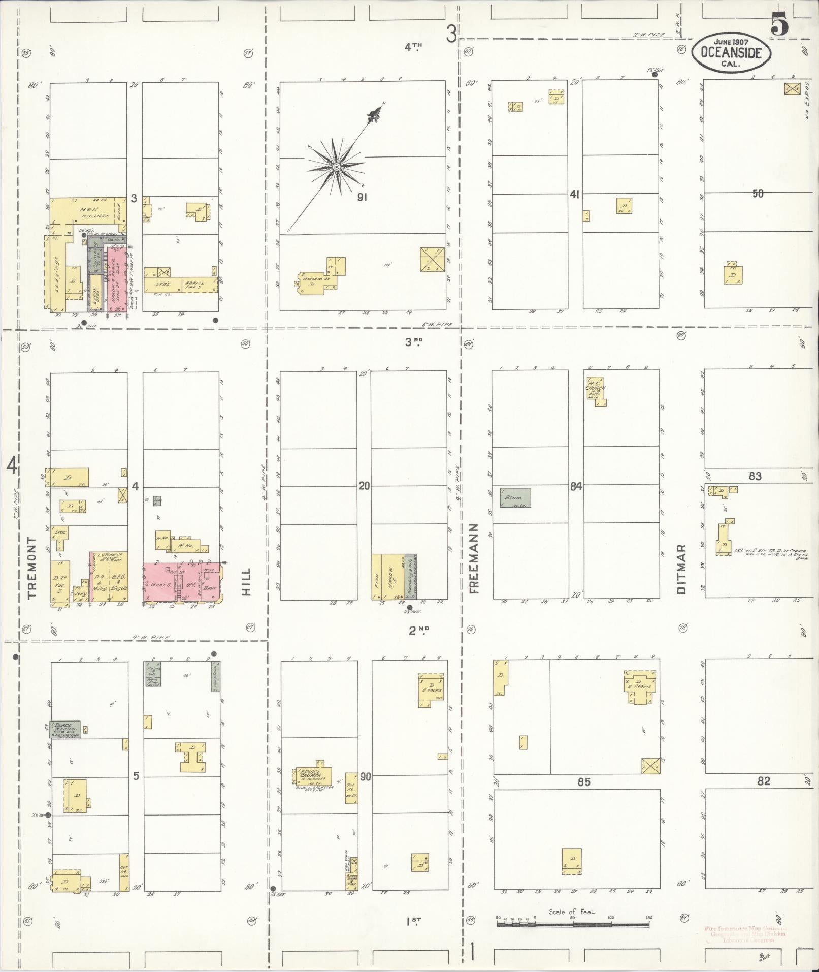 Sanborn Fire Insurance Map from Oceanside, San Diego County, California (1907), Sheet #0005 - Historic Sanborn Fire Insurance Map Print, vintage old map wall art, antique decor, genealogy gift, California California map