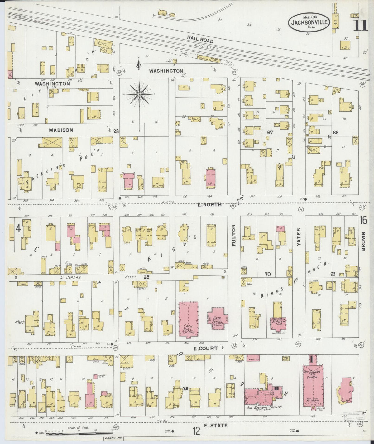 Sanborn Fire Insurance Map from Jacksonville, Morgan County, Illinois (1899), Sheet #0011 - Historic Sanborn Fire Insurance Map Print, vintage old map wall art, antique decor, genealogy gift, Illinois Illinois map
