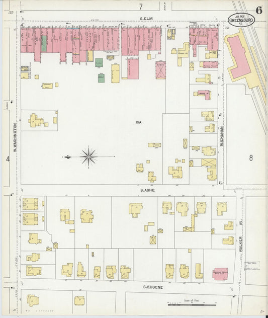 Sanborn Fire Insurance Map from Greensboro, Guilford County, North Carolina (1902), Sheet #0006 - Historic Sanborn Fire Insurance Map Print, vintage old map wall art, antique decor, genealogy gift, North Carolina North Carolina map