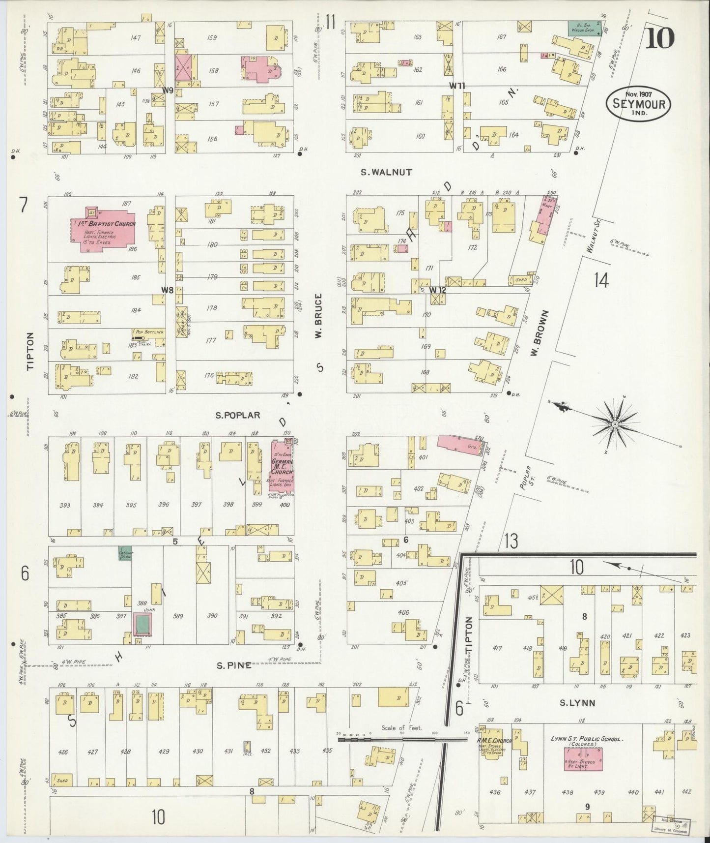 Sanborn Fire Insurance Map from Seymour, Jackson County, Indiana (1907), Sheet #0010 - Complete Map Set gallery image, historic Sanborn map, vintage wall art, Indiana Indiana
