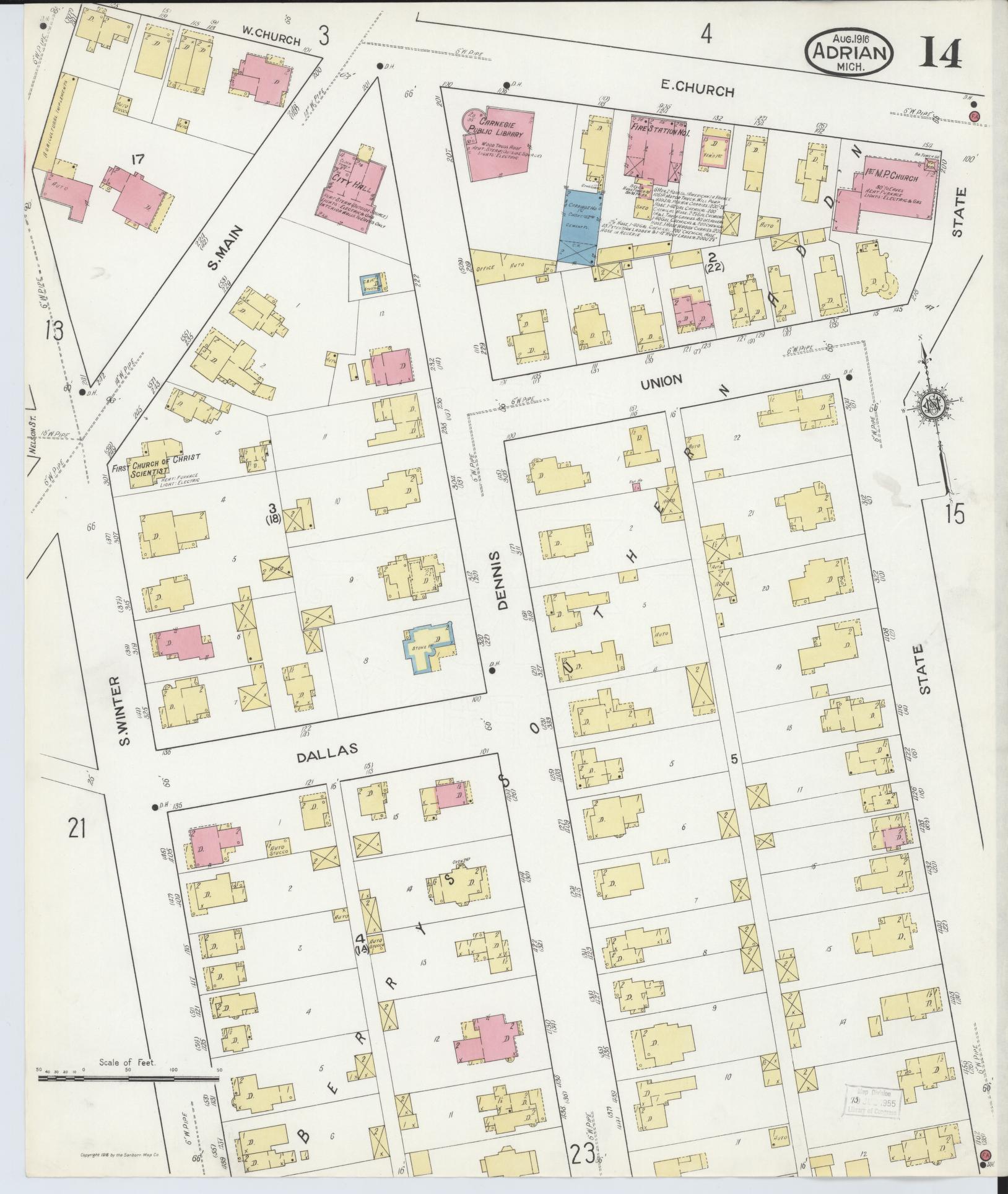 Sanborn Fire Insurance Map from Adrian, Lenawee County, Michigan (1916), Sheet #0014 - Historic Sanborn Fire Insurance Map Print, vintage old map wall art, antique decor, genealogy gift, Michigan Michigan map
