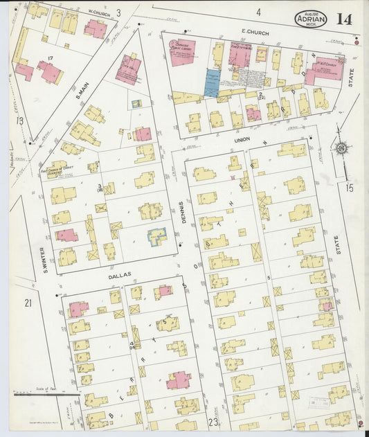 Sanborn Fire Insurance Map from Adrian, Lenawee County, Michigan (1916), Sheet #0014 - Historic Sanborn Fire Insurance Map Print, vintage old map wall art, antique decor, genealogy gift, Michigan Michigan map