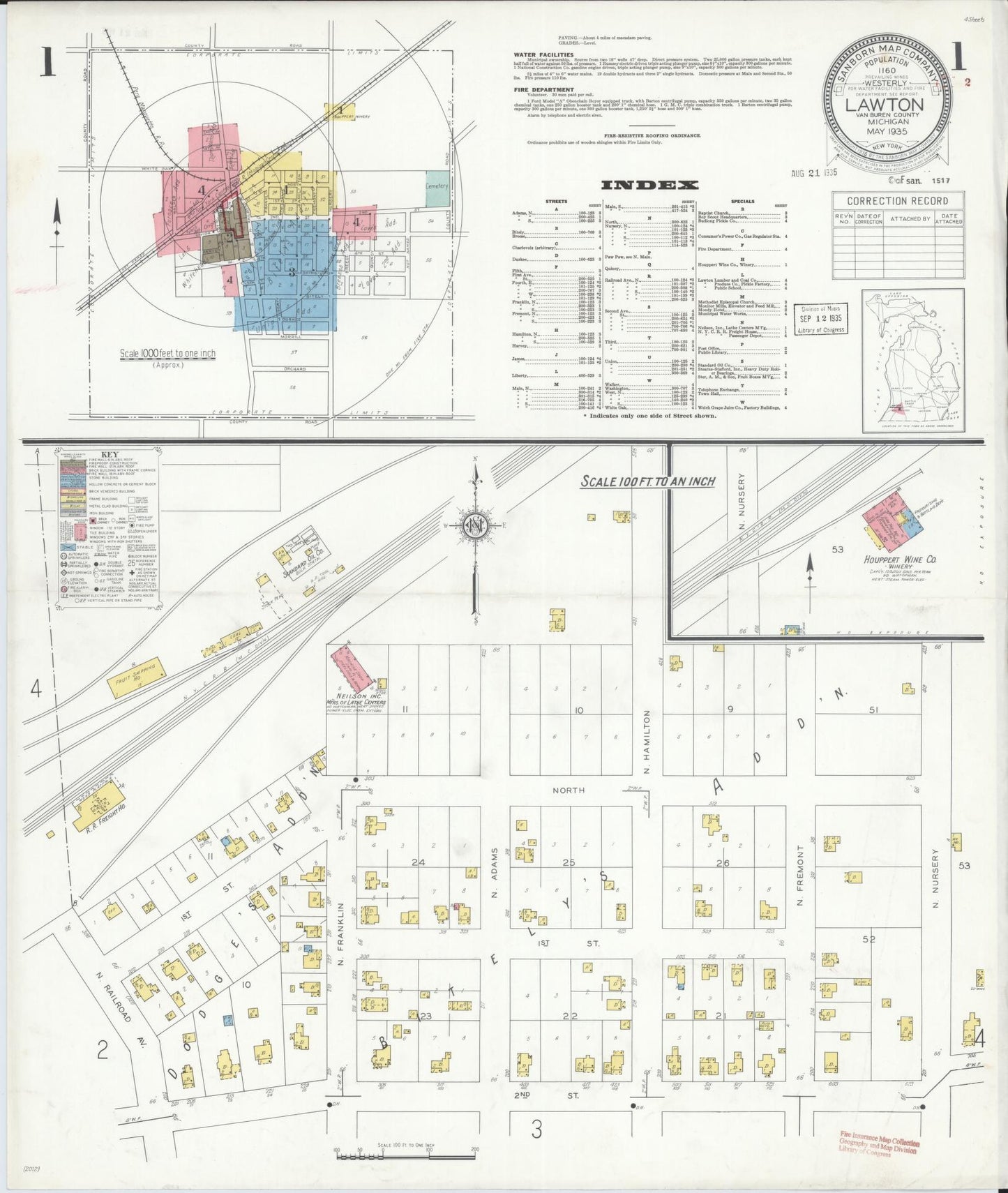 Sanborn Fire Insurance Map from Lawton, Van Buren County, Michigan (1935), Sheet #0001 - Historic Sanborn Fire Insurance Map Print, vintage old map wall art, antique decor, genealogy gift, Michigan Michigan map