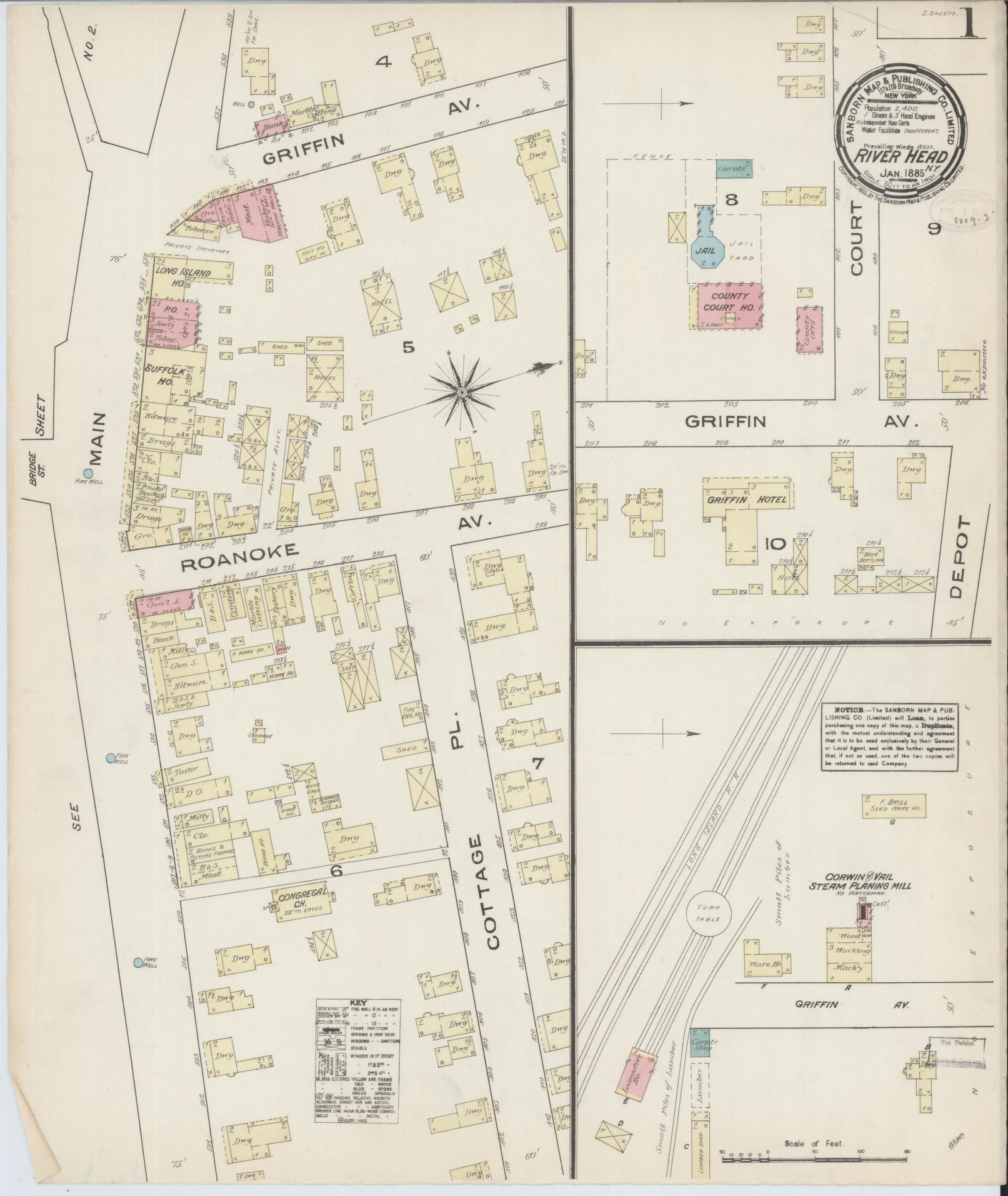 Sanborn Fire Insurance Map from Riverhead, Suffolk County, New York (1885), Sheet #0001 - Complete Map Set gallery image, historic Sanborn map, vintage wall art, New York New York