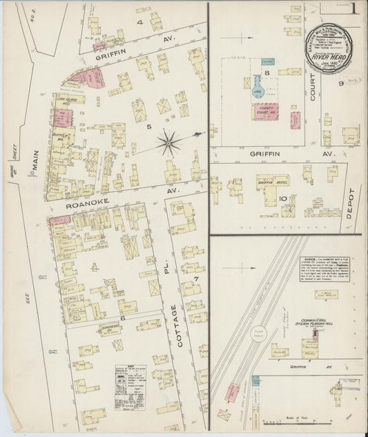 Sanborn Fire Insurance Map from Riverhead, Suffolk County, New York (1885), Sheet #0001 - Complete Map Set gallery image, historic Sanborn map, vintage wall art, New York New York