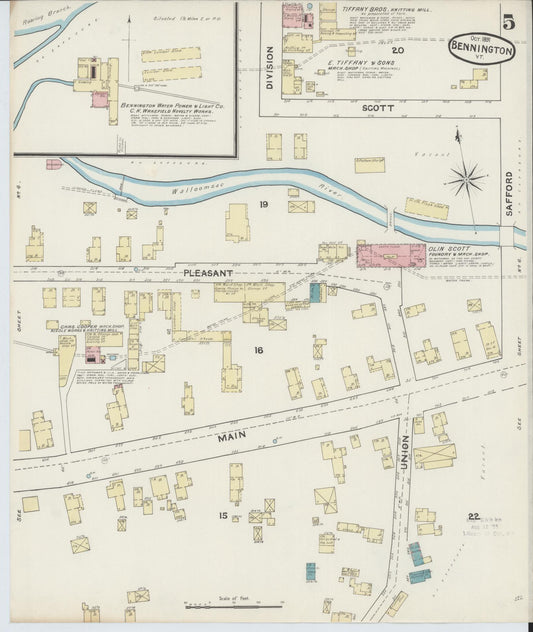 Sanborn Fire Insurance Map from Bennington, Bennington County, Vermont (1891), Sheet #0005 - Historic Sanborn Fire Insurance Map Print, vintage old map wall art, antique decor, genealogy gift, Vermont Vermont map