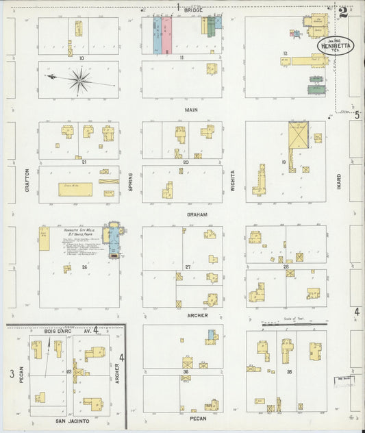Sanborn Fire Insurance Map from Henrietta, Clay County, Texas (1902), Sheet #0002 - Historic Sanborn Fire Insurance Map Print, vintage old map wall art, antique decor, genealogy gift, Texas Texas map