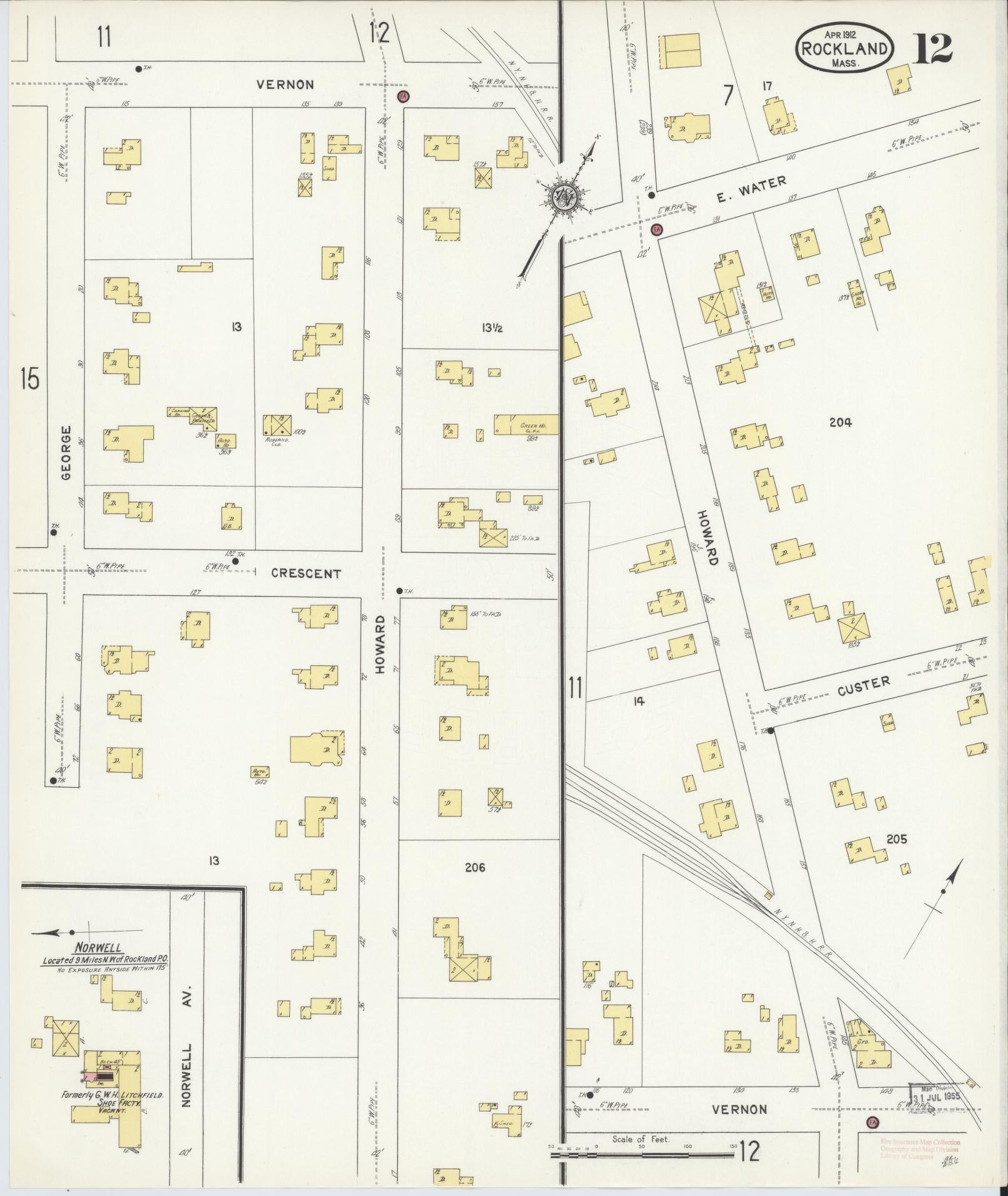 Sanborn Fire Insurance Map from Rockland, Plymouth County, Massachusetts (1912), Sheet #0012 - Complete Map Set gallery image, historic Sanborn map, vintage wall art, Massachusetts Massachusetts