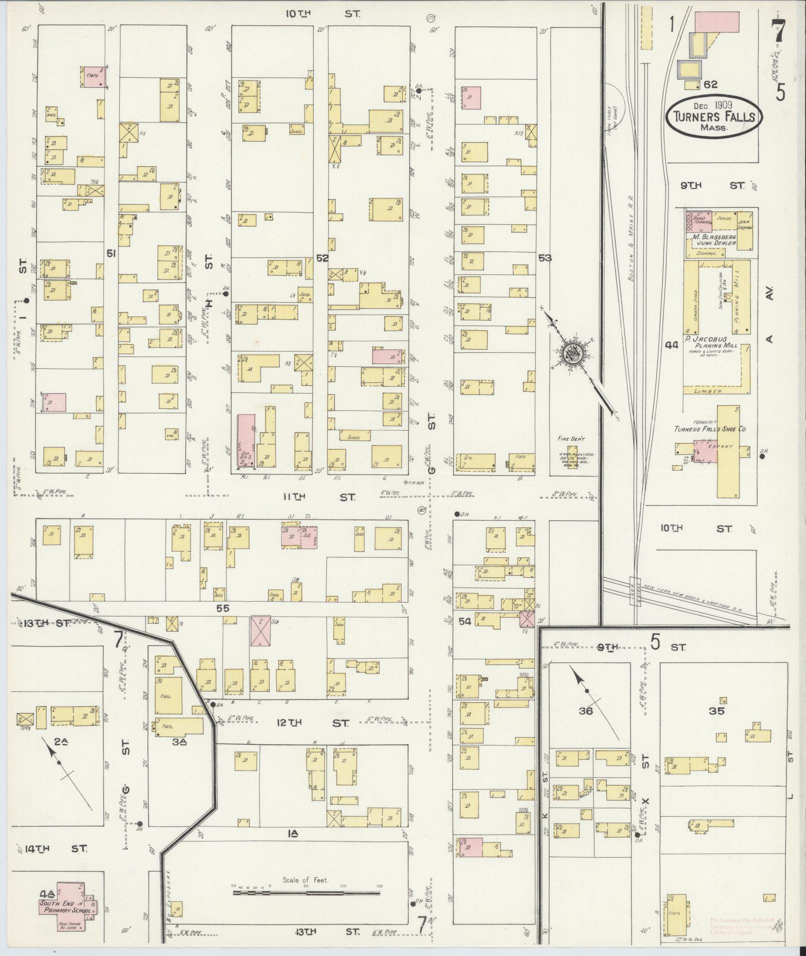 Sanborn Fire Insurance Map from Turners Falls, Franklin County, Massachusetts (1909), Sheet #0007 - Historic Sanborn Fire Insurance Map Print, vintage old map wall art, antique decor, genealogy gift, Massachusetts Massachusetts map