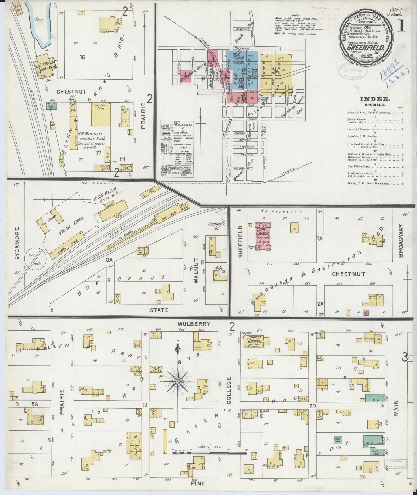 Sanborn Fire Insurance Map from Greenfield, Greene County, Illinois (1899), Sheet #0001 - Historic Sanborn Fire Insurance Map Print, vintage old map wall art, antique decor, genealogy gift, Illinois Illinois map