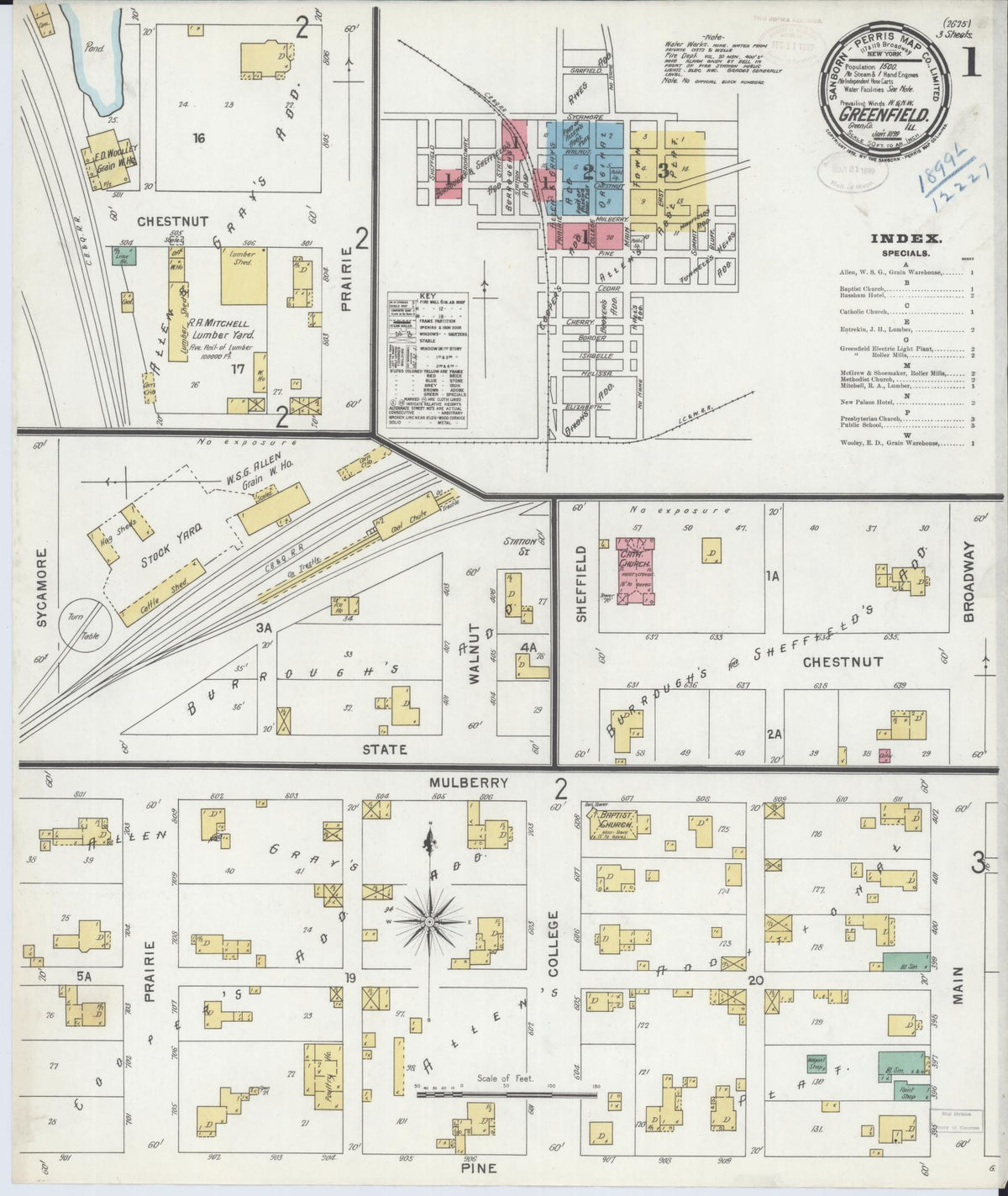 Sanborn Fire Insurance Map from Greenfield, Greene County, Illinois (1899), Sheet #0001 - Historic Sanborn Fire Insurance Map Print, vintage old map wall art, antique decor, genealogy gift, Illinois Illinois map