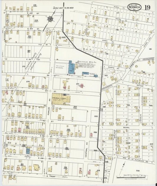 Sanborn Fire Insurance Map from Berwick, Columbia County, Pennsylvania (1918), Sheet #0019 - Historic Sanborn Fire Insurance Map Print, vintage old map wall art, antique decor, genealogy gift, Pennsylvania Pennsylvania map