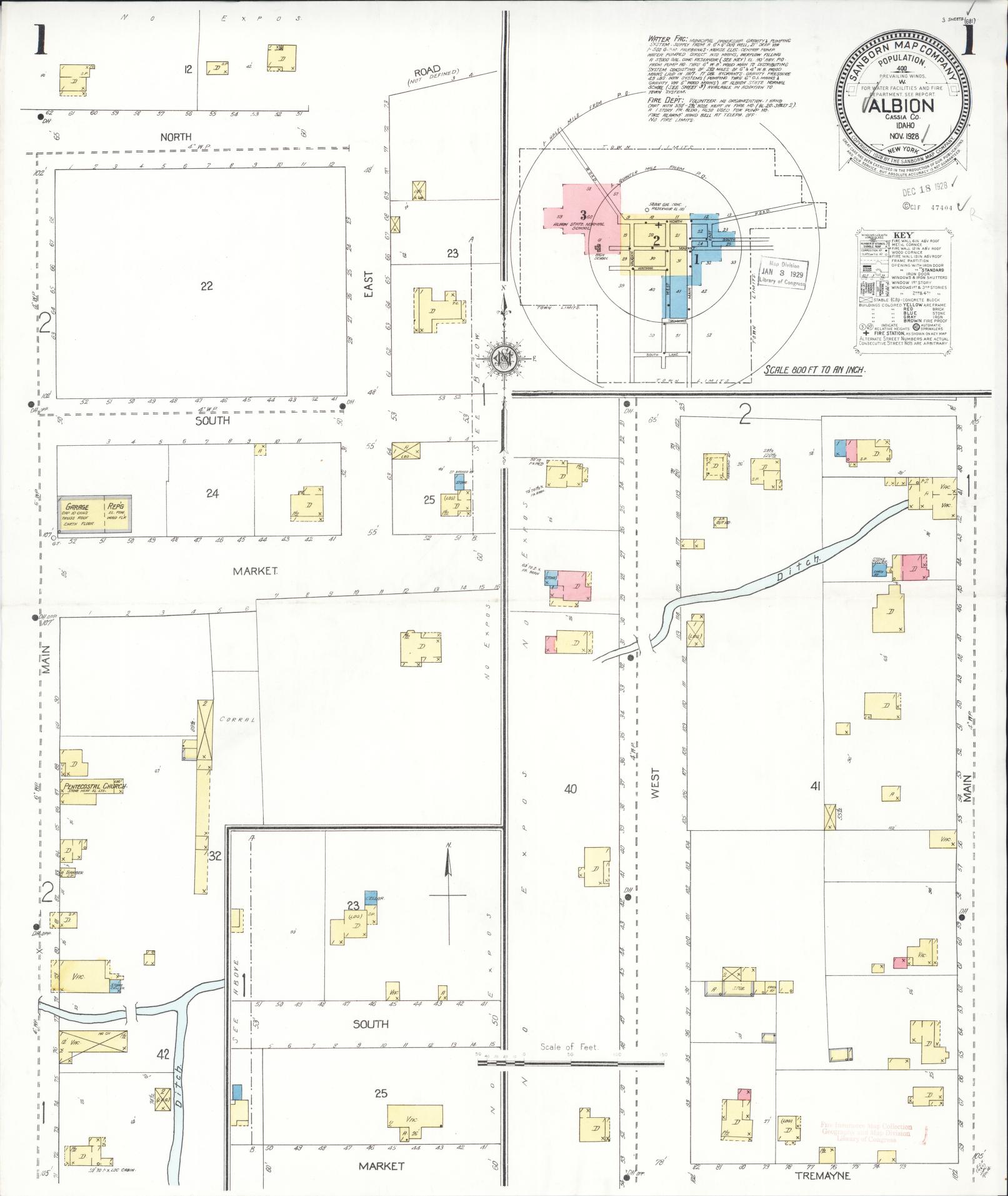 Sanborn Fire Insurance Map from Albion, Cassia County, Idaho (1928), Sheet #0001 - Complete Map Set gallery image, historic Sanborn map, vintage wall art, Idaho Idaho