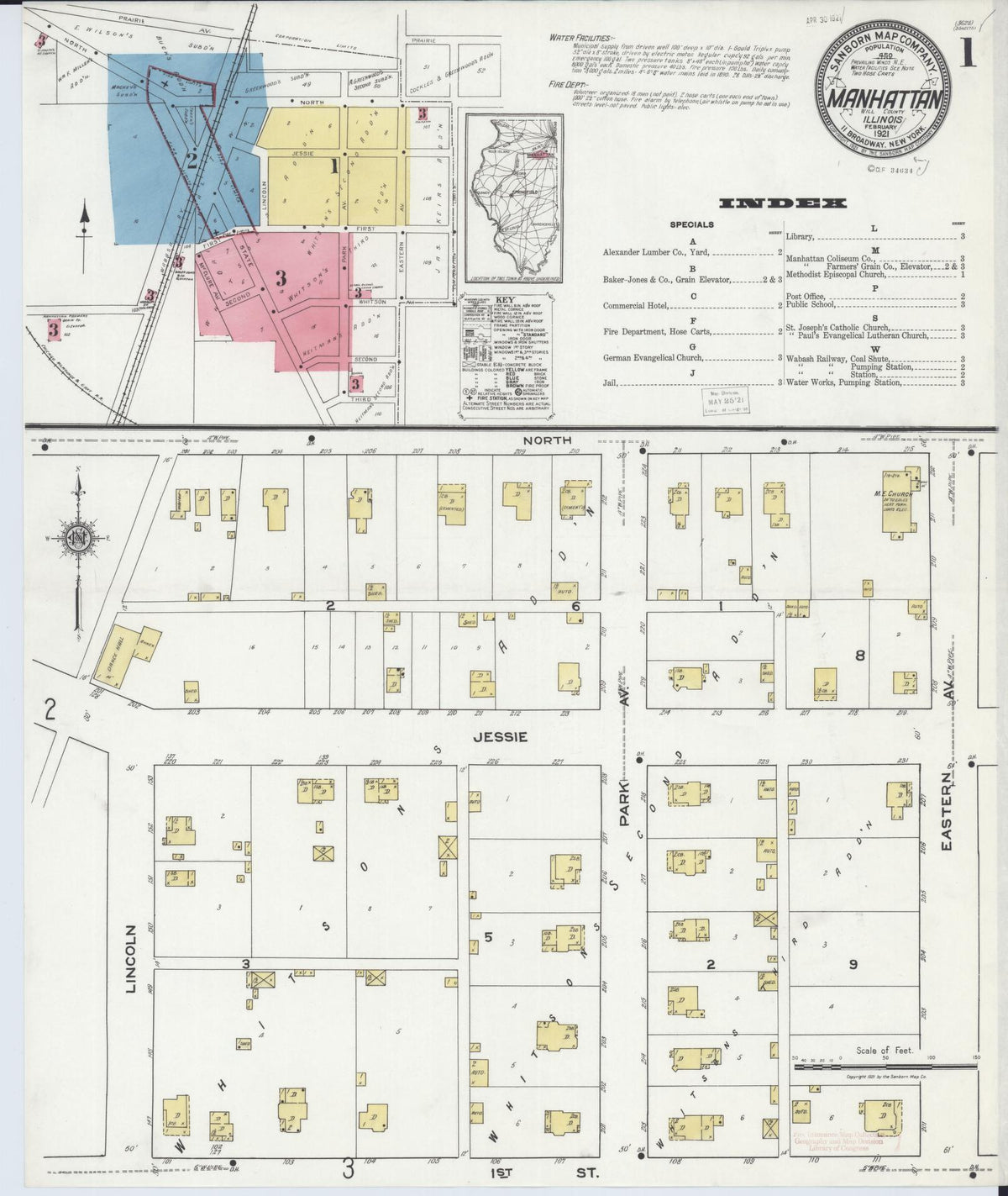 Sanborn Fire Insurance Map from Manhattan, Will County, Illinois (1921), Sheet #0001 - Historic Sanborn Fire Insurance Map Print, vintage old map wall art, antique decor, genealogy gift, Illinois Illinois map