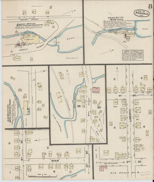 Sanborn Fire Insurance Map from Ansonia, New Haven County, Connecticut (1884), Sheet #0008 - Historic Sanborn Fire Insurance Map Print, vintage old map wall art, antique decor, genealogy gift, Connecticut Connecticut map