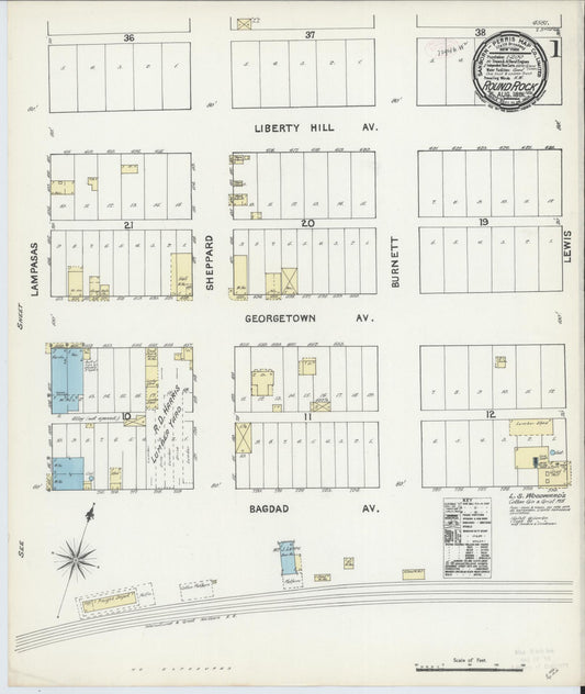 Sanborn Fire Insurance Map from Round Rock, Williamson County, Texas (1891), Sheet #0001 - Historic Sanborn Fire Insurance Map Print, vintage old map wall art, antique decor, genealogy gift, Texas Texas map