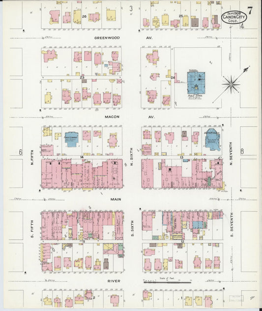 Sanborn Fire Insurance Map from Canon City, Fremont County, Colorado (1908), Sheet #0007 - Historic Sanborn Fire Insurance Map Print, vintage old map wall art, antique decor, genealogy gift, Colorado Colorado map