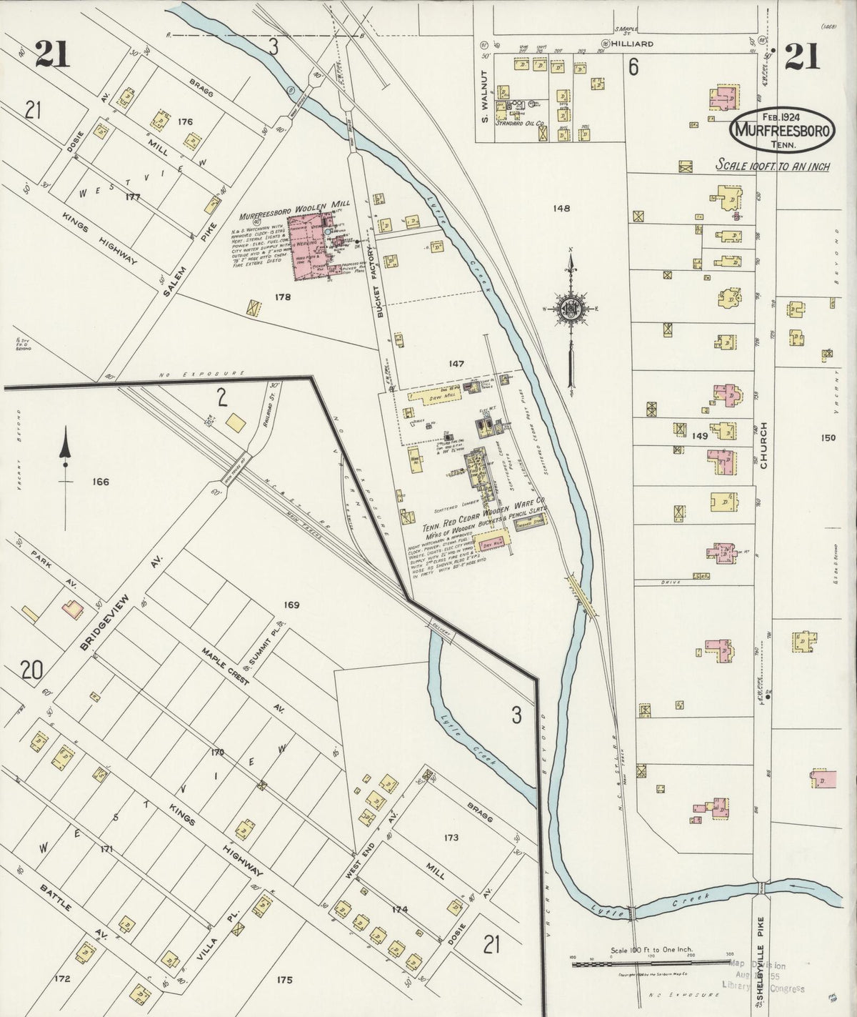 Sanborn Fire Insurance Map from Murfreesboro, Rutherford County, Tennessee (1924), Sheet #0021 - Complete Map Set gallery image, historic Sanborn map, vintage wall art, Tennessee Tennessee