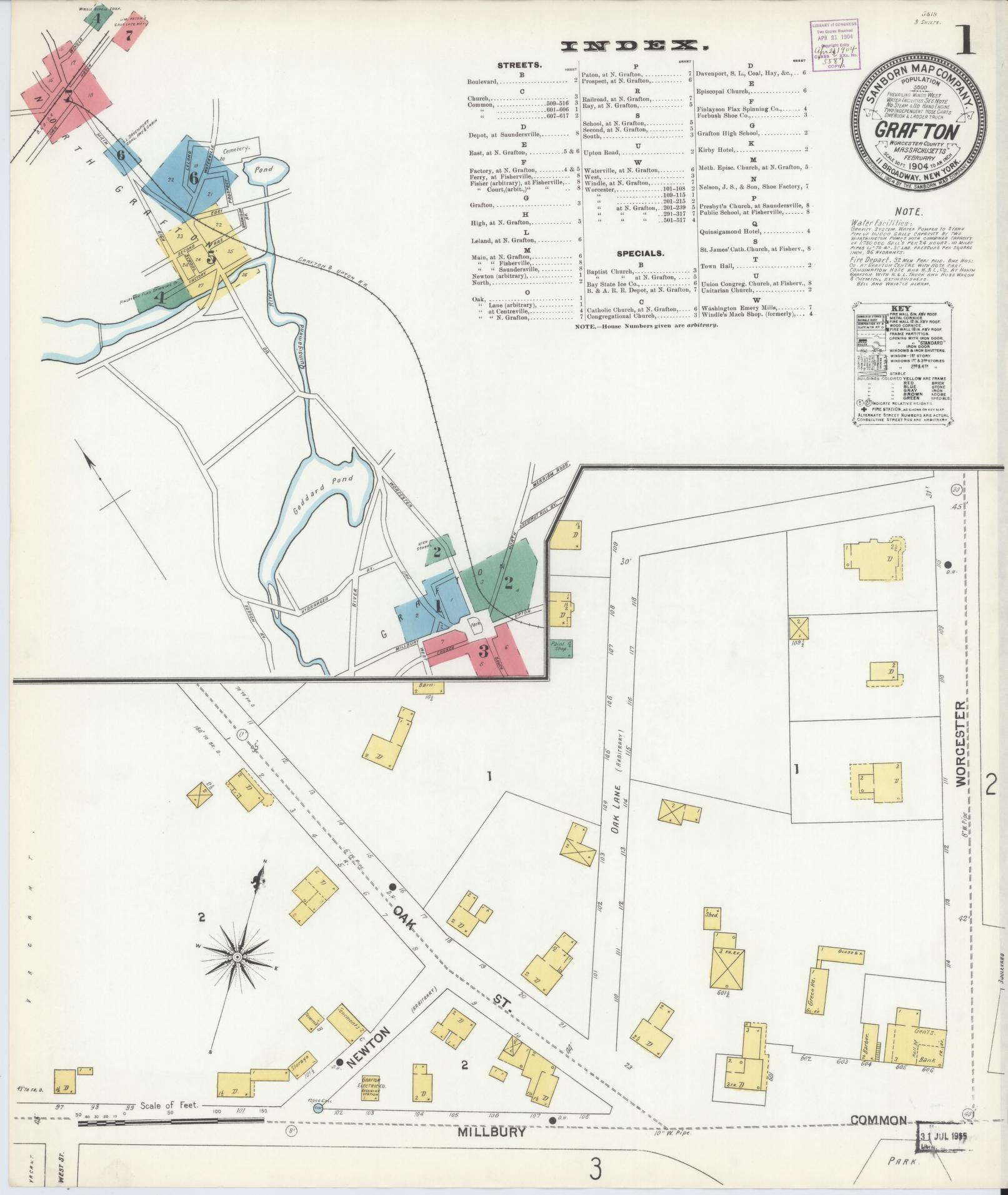 Sanborn Fire Insurance Map from Grafton, Worcester County, Massachusetts (1904), Sheet #0001 - Historic Sanborn Fire Insurance Map Print, vintage old map wall art, antique decor, genealogy gift, Massachusetts Massachusetts map