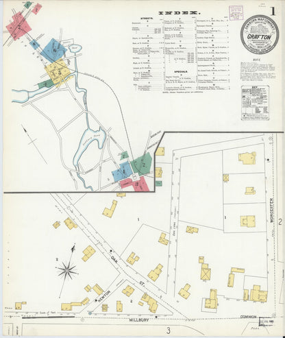 Sanborn Fire Insurance Map from Grafton, Worcester County, Massachusetts (1904), Sheet #0001 - Historic Sanborn Fire Insurance Map Print, vintage old map wall art, antique decor, genealogy gift, Massachusetts Massachusetts map