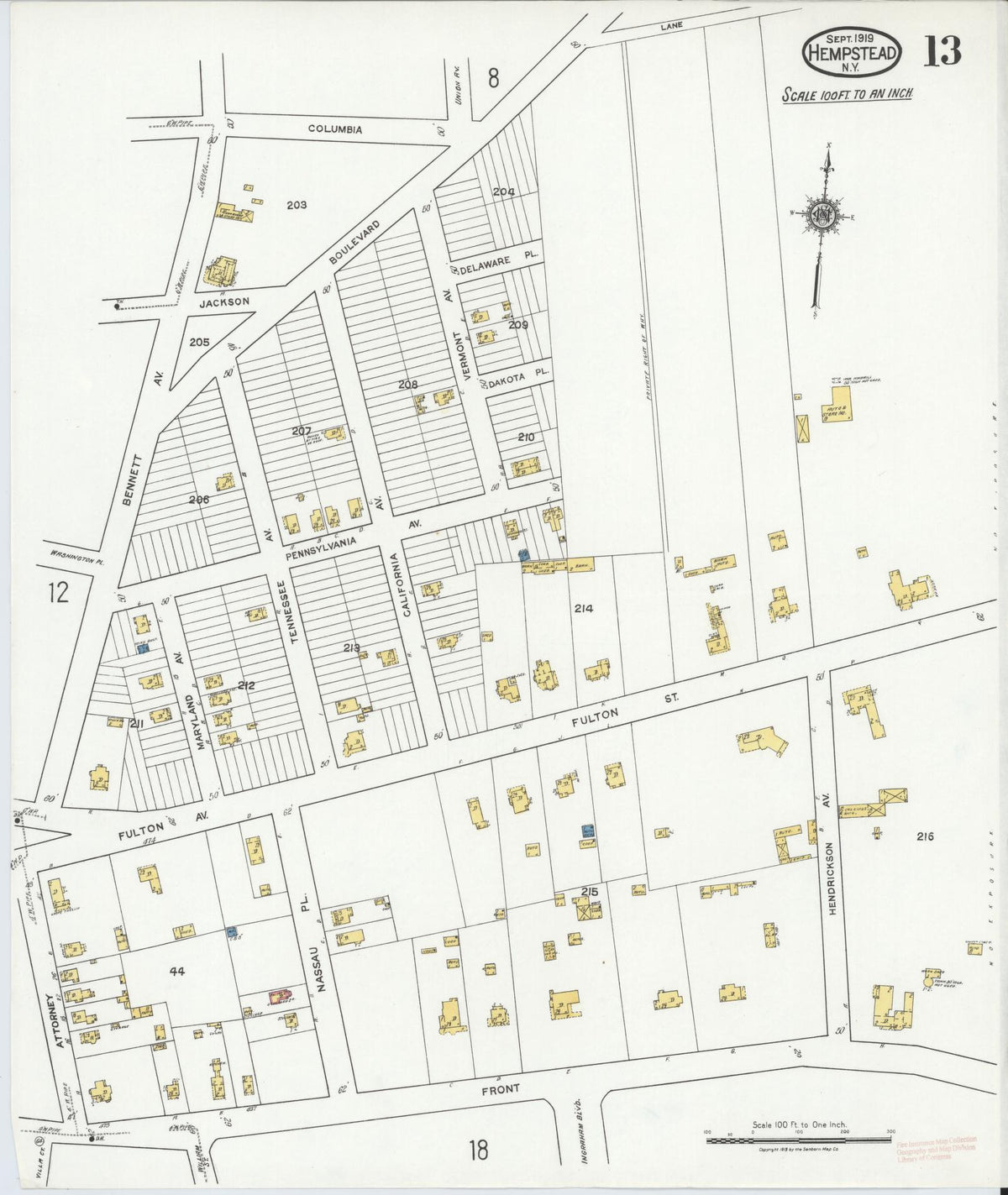 Sanborn Fire Insurance Map from Hempstead, Nassau County, New York (1919), Sheet #0013 - Complete Map Set gallery image, historic Sanborn map, vintage wall art, New York New York