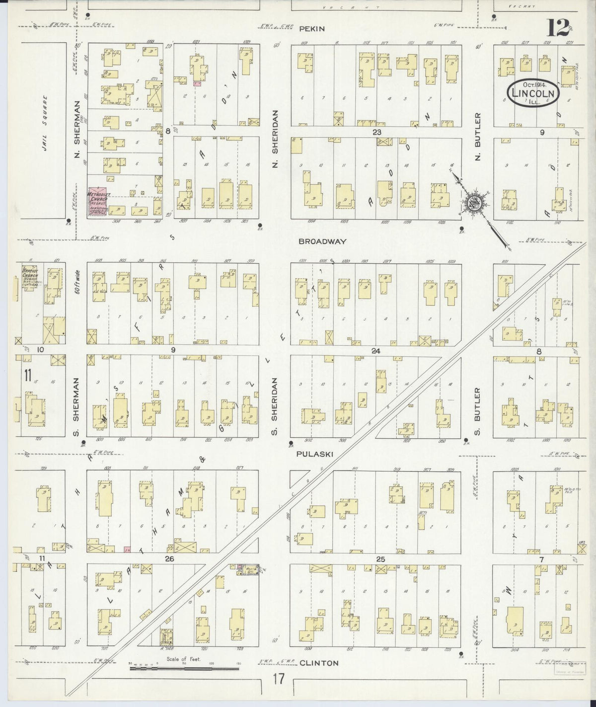 Sanborn Fire Insurance Map from Lincoln, Logan County, Illinois (1914), Sheet #0012 - Historic Sanborn Fire Insurance Map Print, vintage old map wall art, antique decor, genealogy gift, Illinois Illinois map