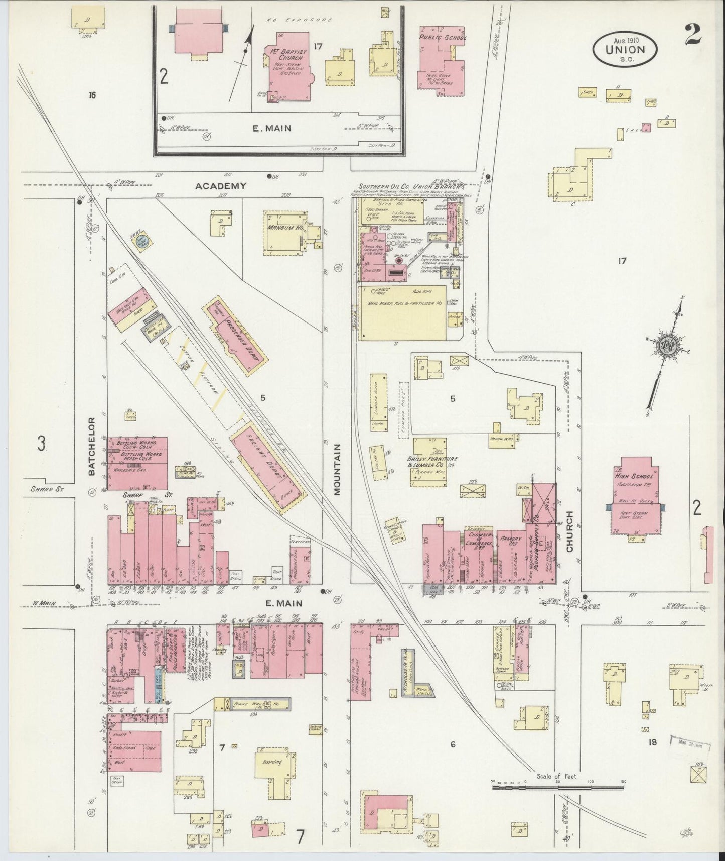 Sanborn Fire Insurance Map from Union, Union County, South Carolina (1910), Sheet #0002 - Historic Sanborn Fire Insurance Map Print, vintage old map wall art, antique decor, genealogy gift, South Carolina South Carolina map