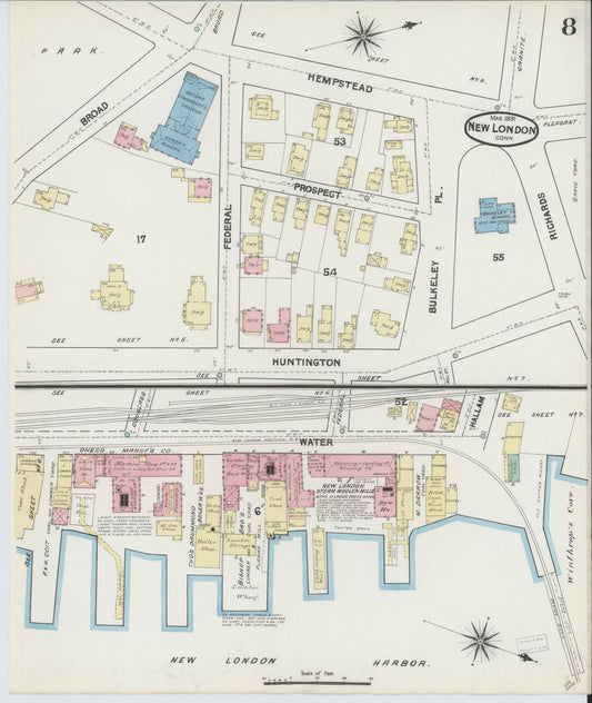 Sanborn Fire Insurance Map from New London, New London County, Connecticut (1891), Sheet #0008 - Historic Sanborn Fire Insurance Map Print, vintage old map wall art, antique decor, genealogy gift, Connecticut Connecticut map