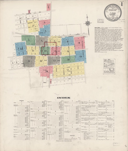 Sanborn Fire Insurance Map from Lodi, San Joaquin County, California (1916), Sheet #0001 - Complete Map Set gallery image, historic Sanborn map, vintage wall art, California California