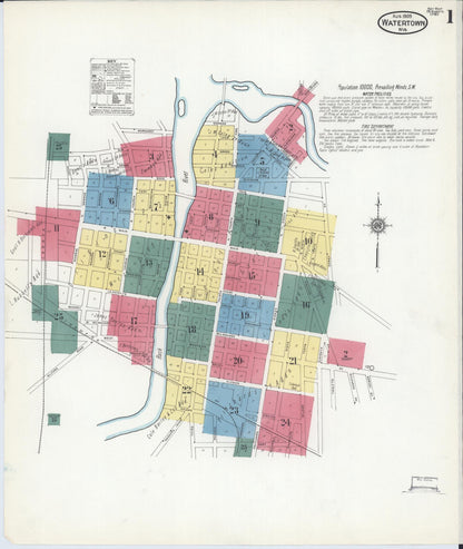 Sanborn Fire Insurance Map from Watertown, Jefferson County, Wisconsin (1909), Sheet #0001 - Complete Map Set gallery image, historic Sanborn map, vintage wall art, Wisconsin Wisconsin