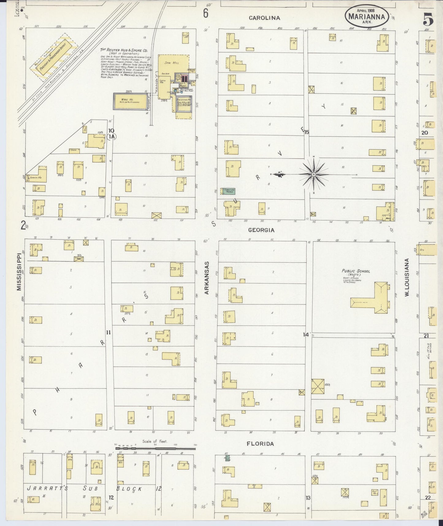 Sanborn Fire Insurance Map from Marianna, Lee County, Arkansas (1908), Sheet #0005 - Historic Sanborn Fire Insurance Map Print, vintage old map wall art, antique decor, genealogy gift, Arkansas Arkansas map