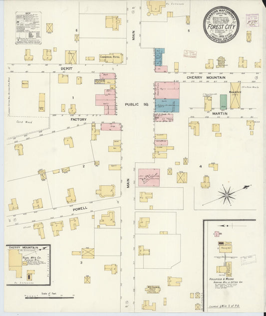 Sanborn Fire Insurance Map from Forest City, Rutherford County, North Carolina (1908), Sheet #0001 - Historic Sanborn Fire Insurance Map Print, vintage old map wall art, antique decor, genealogy gift, North Carolina North Carolina map