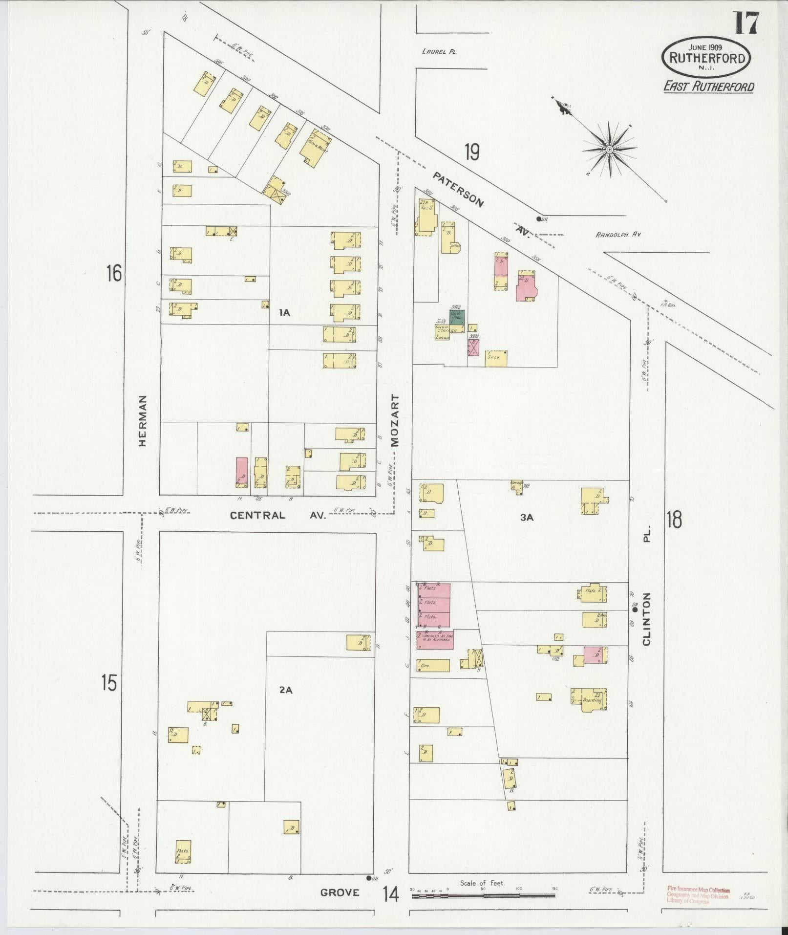 Sanborn Fire Insurance Map from Rutherford, Bergen County, New Jersey (1909), Sheet #0017 - Historic Sanborn Fire Insurance Map Print, vintage old map wall art, antique decor, genealogy gift, New Jersey New Jersey map