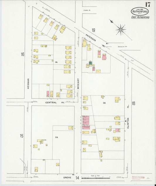 Sanborn Fire Insurance Map from Rutherford, Bergen County, New Jersey (1909), Sheet #0017 - Historic Sanborn Fire Insurance Map Print, vintage old map wall art, antique decor, genealogy gift, New Jersey New Jersey map