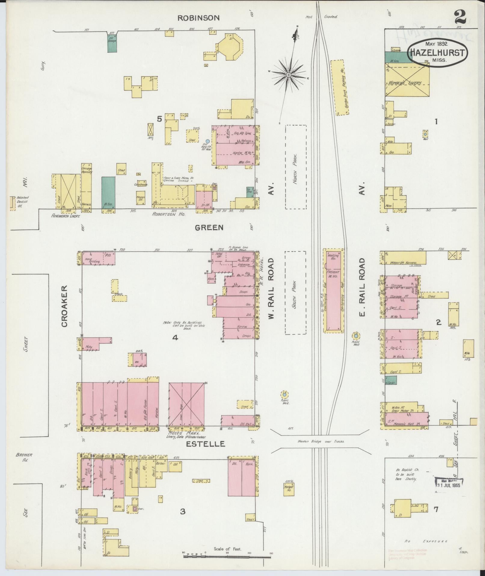 Sanborn Fire Insurance Map from Hazlehurst, Copiah County, Mississippi (1892), Sheet #0002 - Complete Map Set gallery image, historic Sanborn map, vintage wall art, Mississippi Mississippi