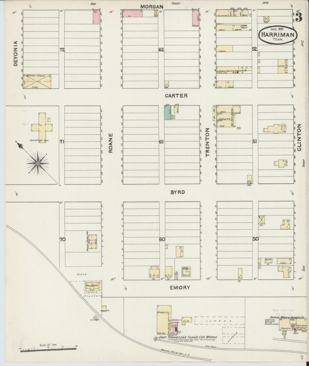 Sanborn Fire Insurance Map from Harriman, Roane County, Tennessee (1891), Sheet #0003 - Complete Map Set gallery image, historic Sanborn map, vintage wall art, Tennessee Tennessee
