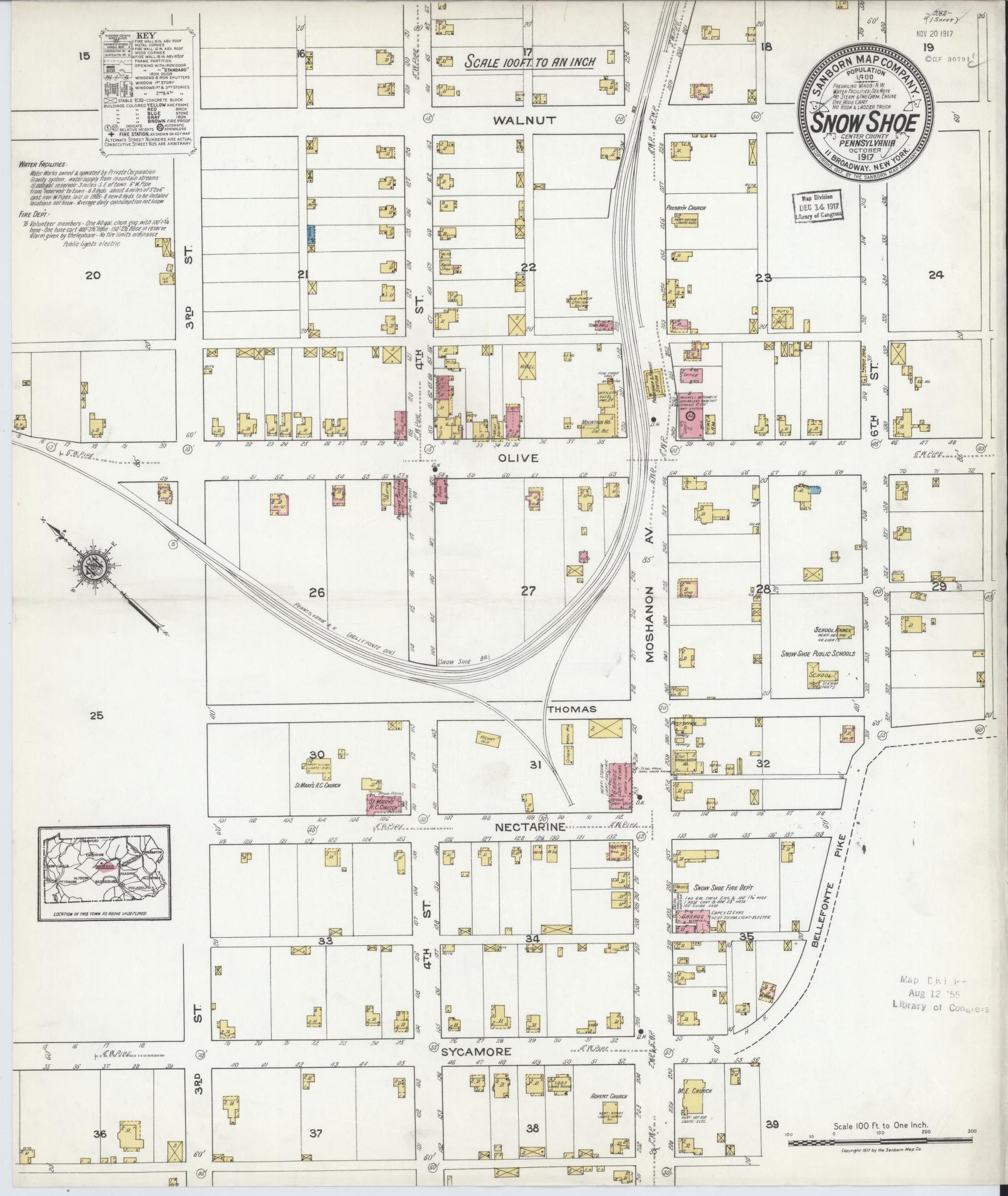 Sanborn Fire Insurance Map from Snow Shoe, Centre County, Pennsylvania. (1917) – Historic Sanborn Fire Insurance Map Print