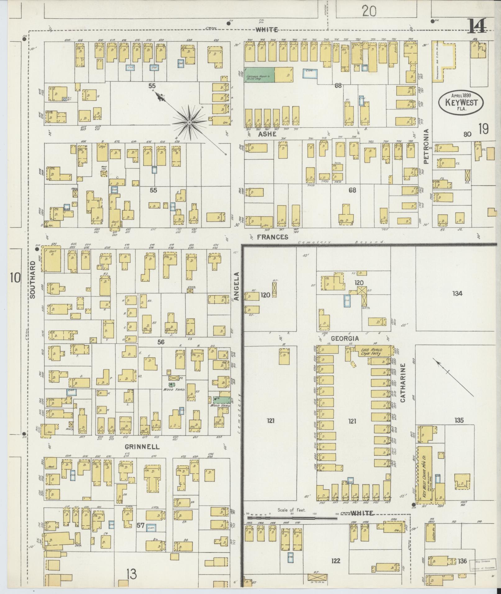 Sanborn Fire Insurance Map from Key West, Monroe County, Florida (1899), Sheet #0014 - Complete Map Set gallery image, historic Sanborn map, vintage wall art, Florida Florida